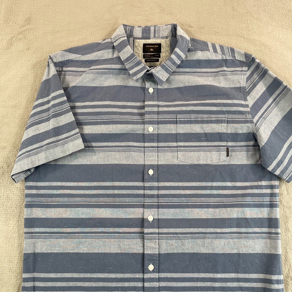Quiksilver Shirt Men Large Blue Striped Pocket Short Sleeve Regular Fit Beach